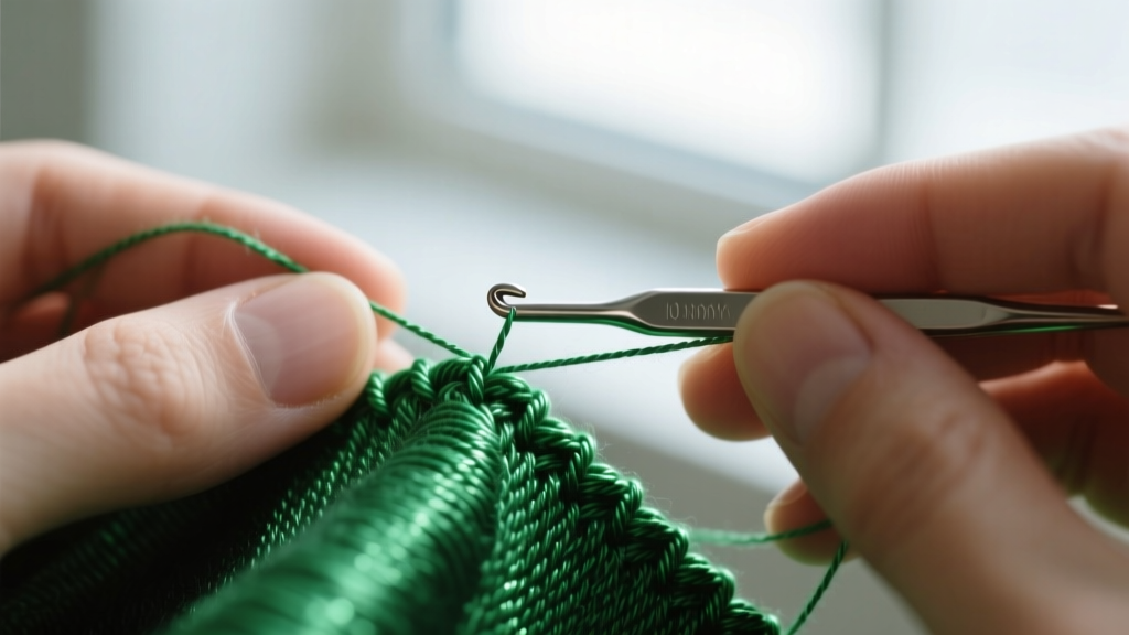 Close-up of hands crocheting with a tiny 1.0mm steel hook and emerald green metallic thread, macro photography showing tight stitches