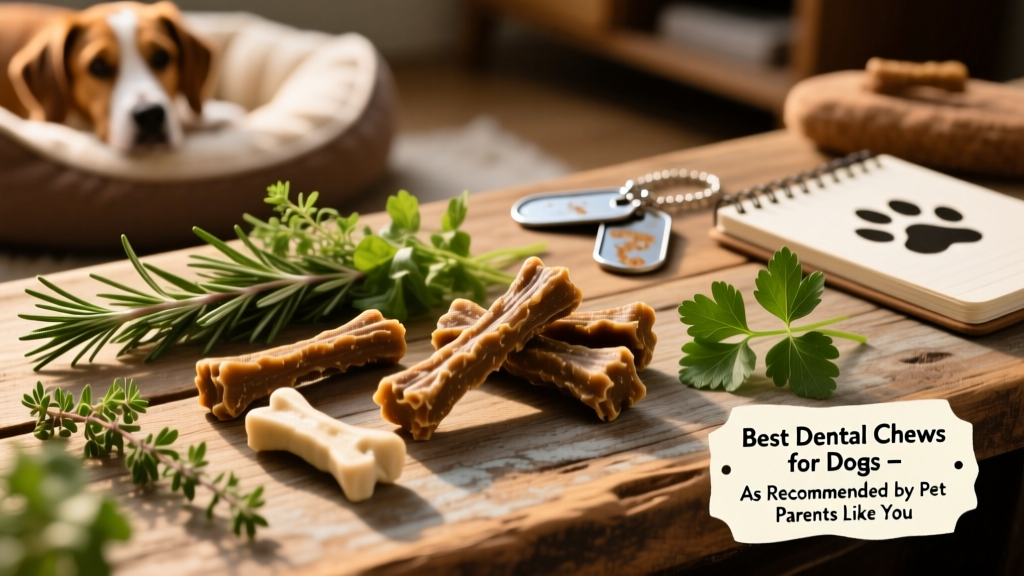 Assortment of natural-looking dental chews arranged on a wooden surface with fresh herbs nearby