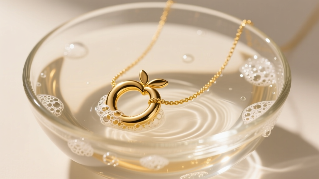 Gold fruit loop necklace in a glass bowl of warm soapy water, showing a gentle cleaning method under soft studio lighting