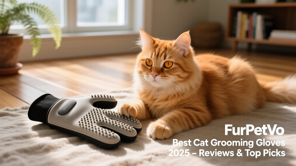 FurPetVo grooming glove laid flat beside a fluffy ginger cat, showing texture and ergonomic fit