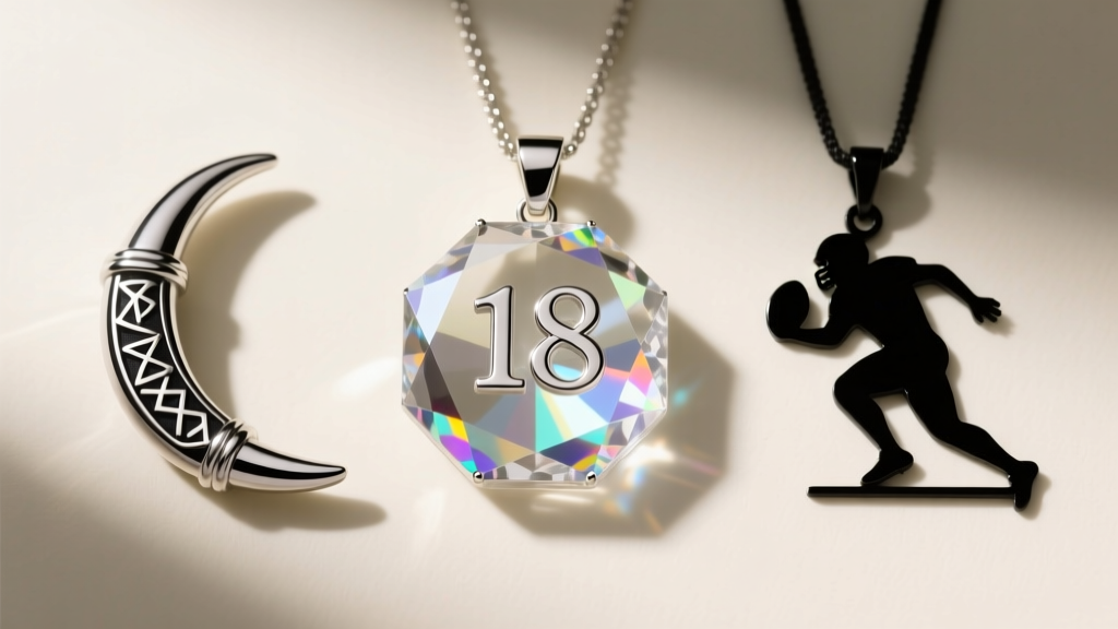 Flat lay of three sports pendants: a crystal number 18, a silver Viking horn, and a silhouette of a football player doing a dance