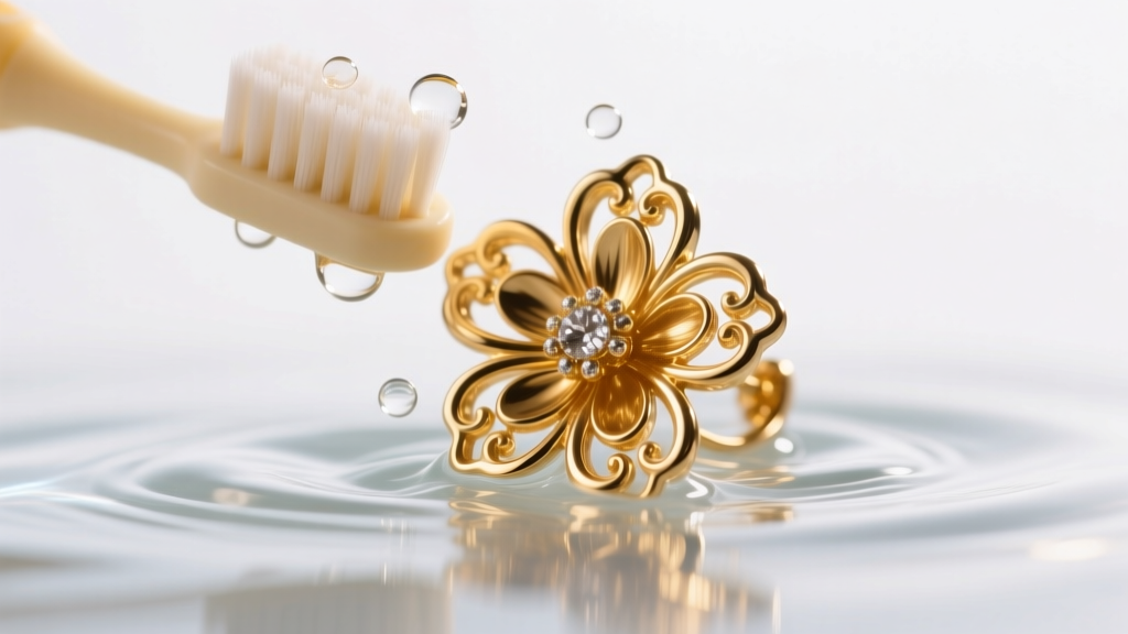 Close-up of a soft baby toothbrush scrubbing petal crevices of a gold floral earring submerged in soapy distilled water