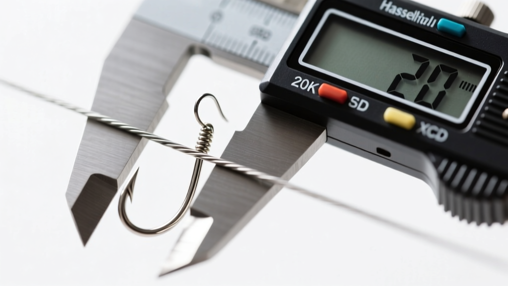Close-up of digital calipers measuring the exact wire thickness of a 20-gauge stainless steel fishhook earring hanger finding.