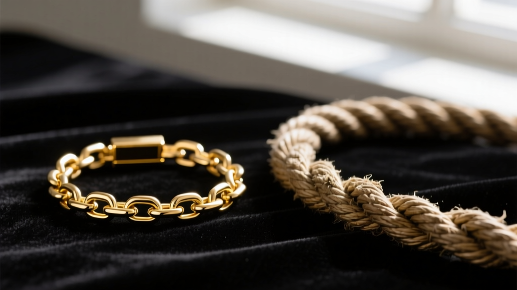 Macro shot comparing a delicate gold box chain and a thicker rope chain, highlighting link textures against dark velvet background
