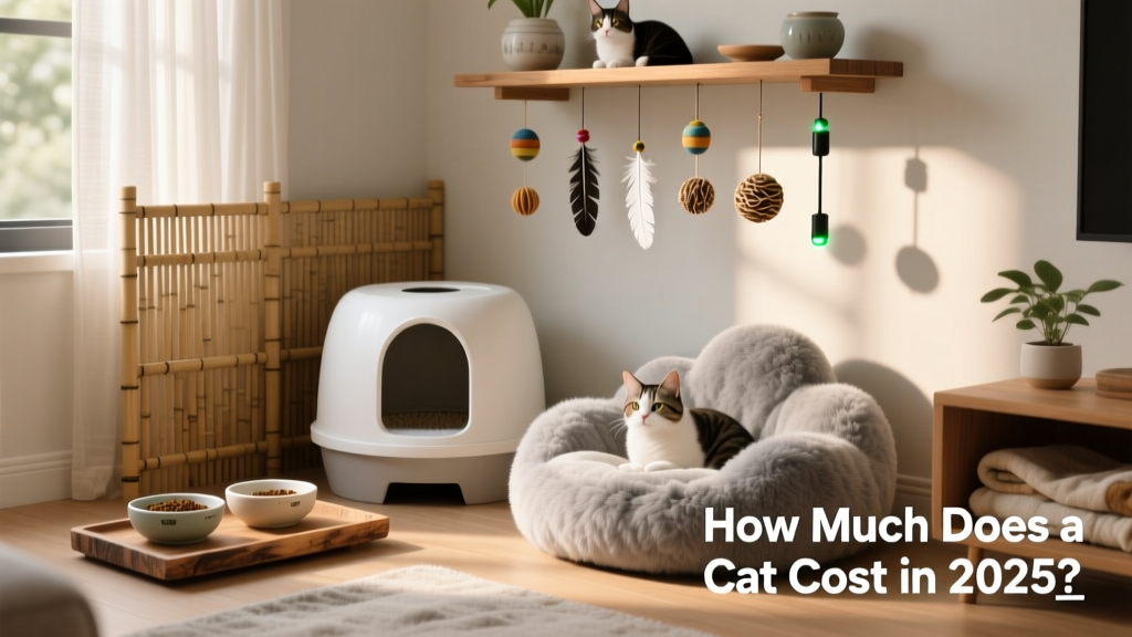 A well-organized cat corner with a litter box, food and water bowls, a cozy bed, and hanging toys—showcasing a thoughtfully prepared home environment