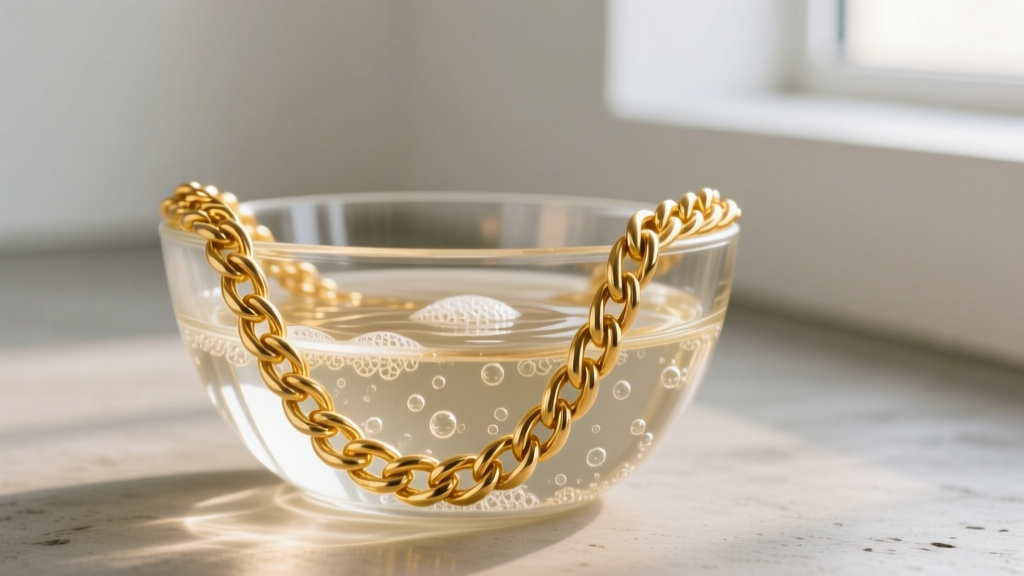 Close-up of a 14k yellow gold rope chain in a glass bowl of warm soapy water, lit by soft natural window light.