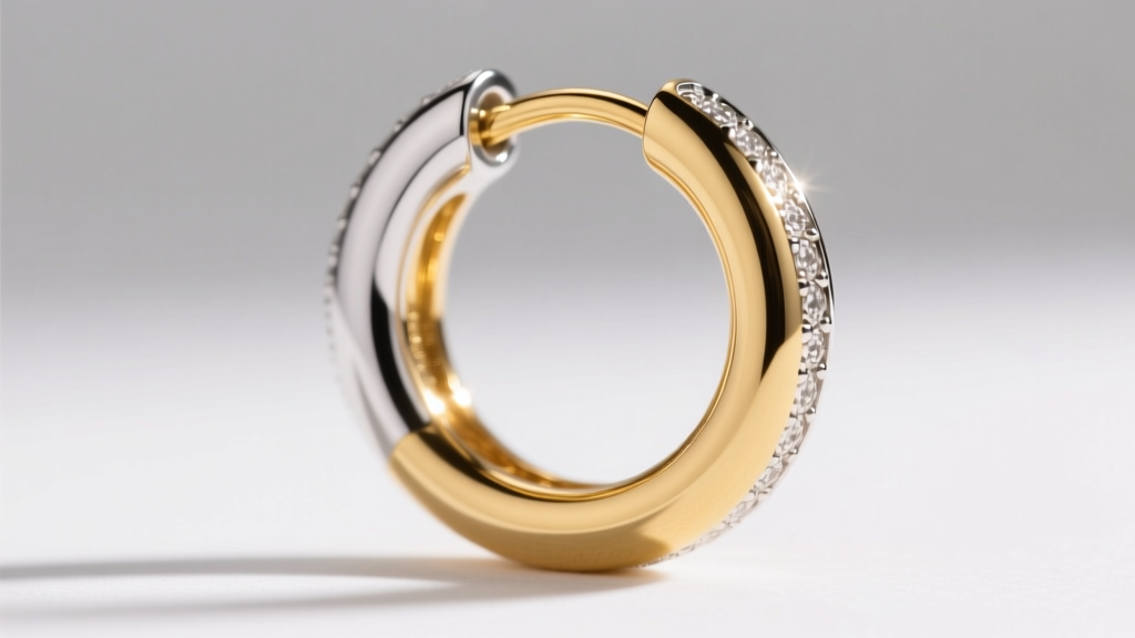 Macro shot of a 14k yellow gold and rhodium-plated sterling silver two-tone huggie hoop, highlighting the seamless metal joint