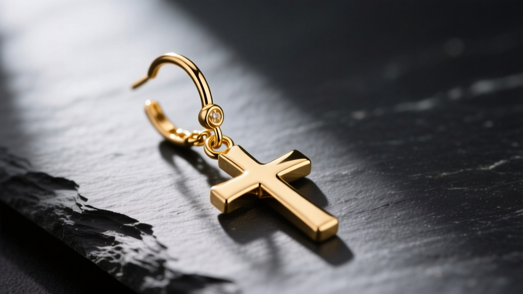 Macro photography of a 14k gold cross dangle earring resting on a dark slate surface, highlighting the jump ring connection point