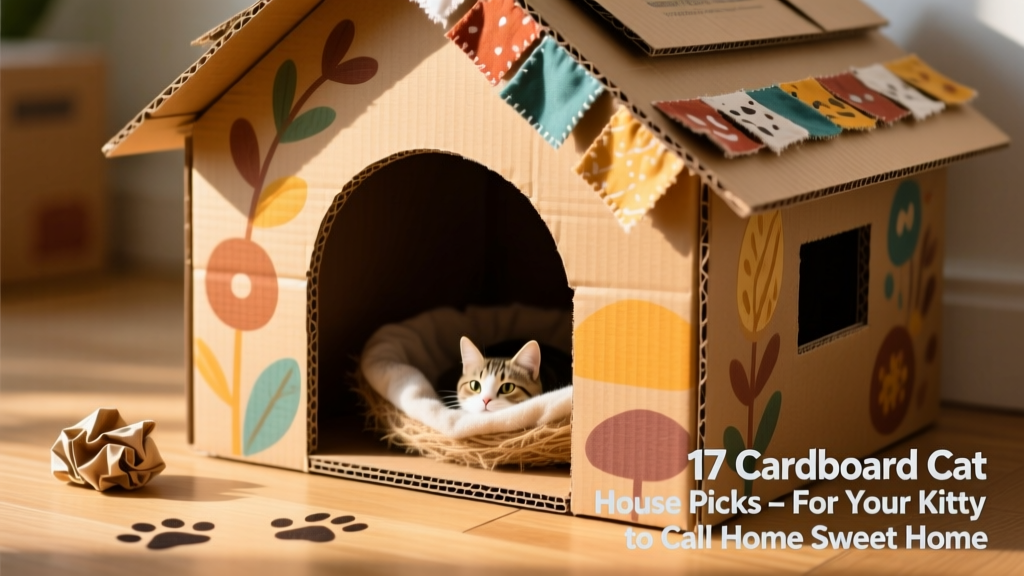 A close-up of a DIY cardboard cat house built from repurposed boxes, decorated with paint and fabric scraps