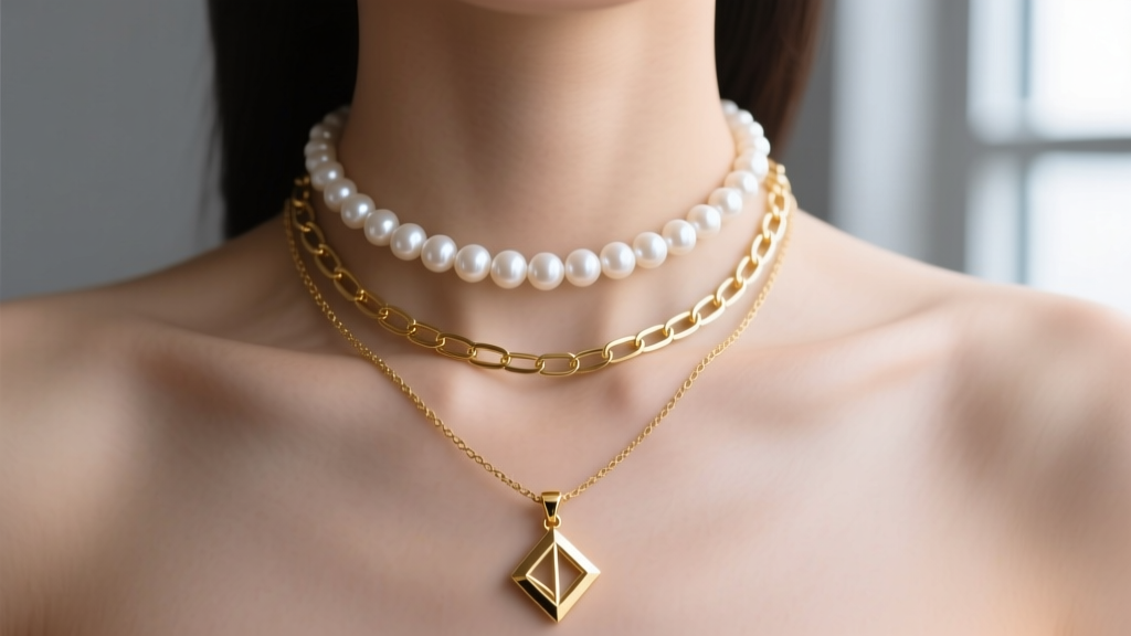 Elegant neckline displaying a layered stack: 14-inch pearl choker, 16-inch gold paperclip chain, and 18-inch gold pendant necklace