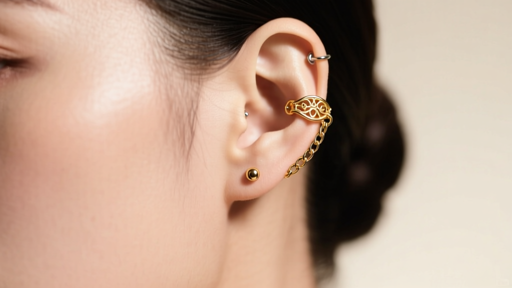 Close-up of a 14k gold ear cuff chain earring connecting a helix piercing to a lobe stud on a model with soft studio lighting