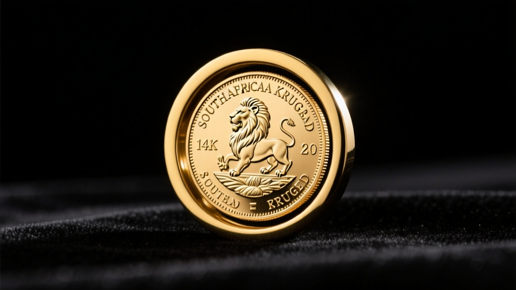 A polished 1-ounce South African Krugerrand gold coin secured in a minimalist 14k yellow gold bezel, resting on dark velvet