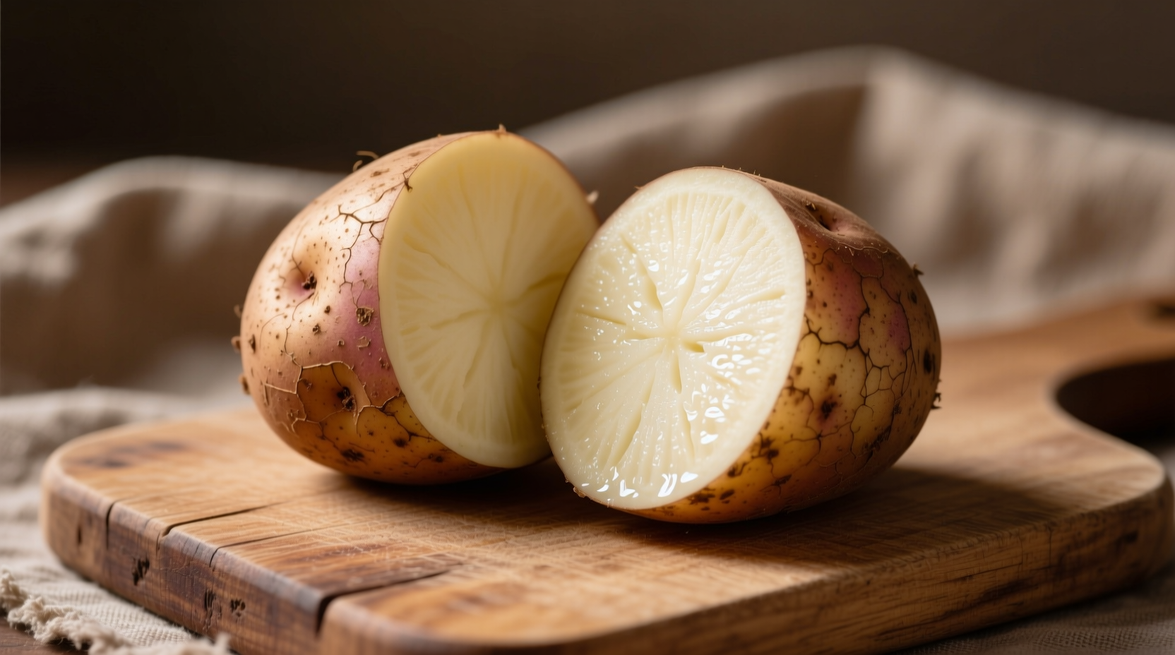 Russet potato with brown skin and white flesh cut in half
