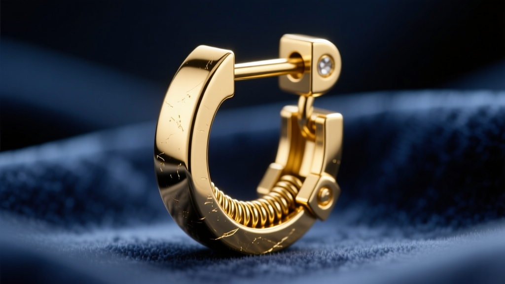 Macro photo of an 18-gauge gold leverback earring clasp, showing the secure hinge and latch against a blurred dark velvet backdrop.
