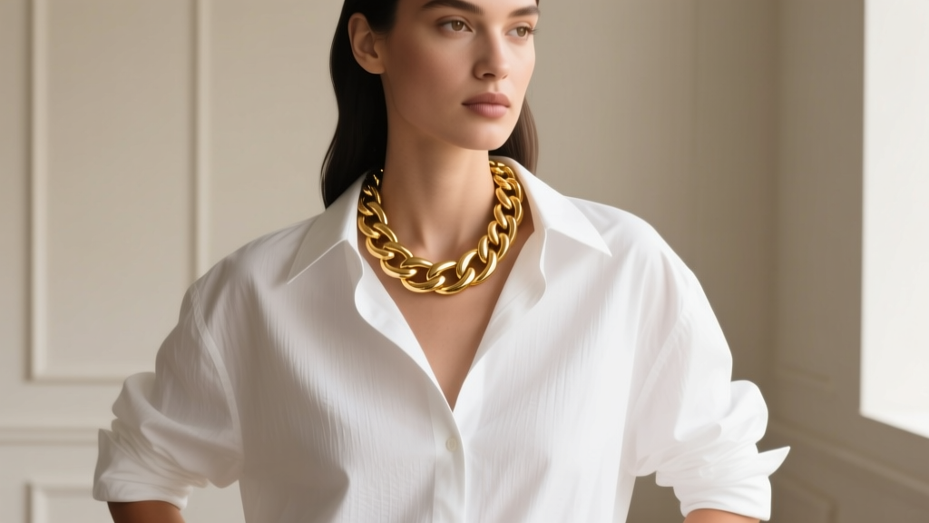 Editorial shot of a model wearing a thick 8mm gold Cuban link necklace over a crisp white oversized cotton button-down shirt.