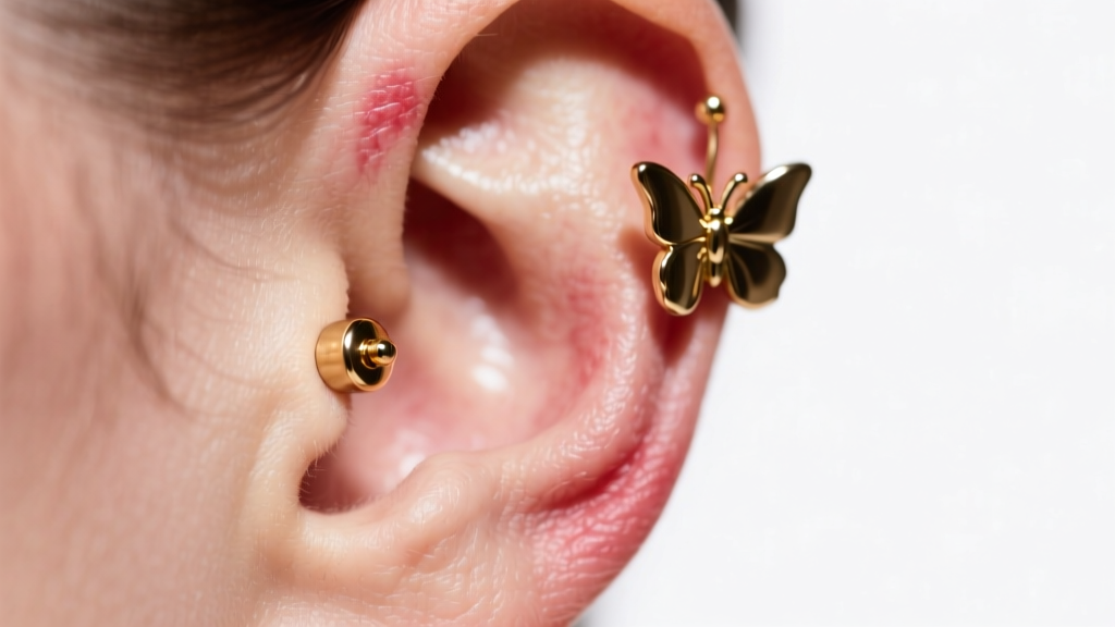 Macro shot of an irritated earlobe wearing a brass earring ear stud with a tight butterfly back under bright, clinical lighting.