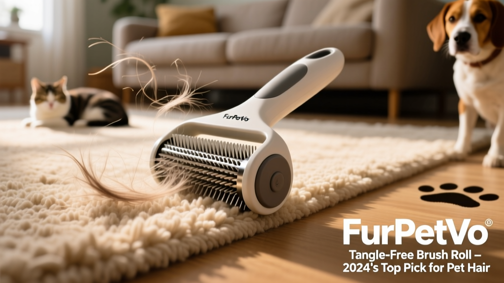 Close-up of FurPetVo's tangle-free brush roll removing pet hair from a medium-pile rug without clogging