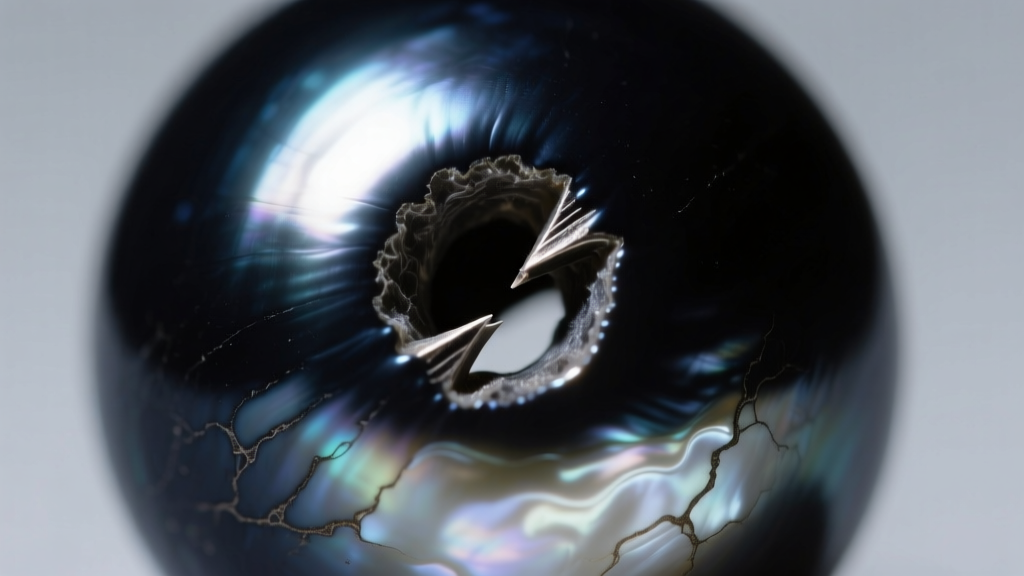 Macro photo of a dyed antique black pearl drill hole, revealing dark dye concentration near the surface and lighter nacre inside