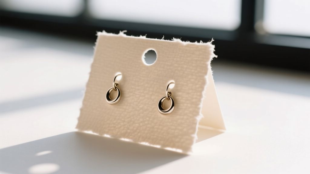 Macro shot of 18pt uncoated cotton cardstock earring display cards showing textured paper grain and clean die-cut punch holes.