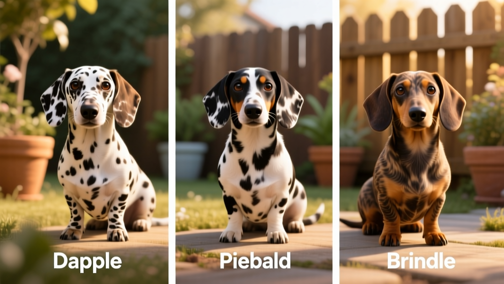 Side-by-side comparison showing dapple, piebald, and brindle Dachshund coat patterns