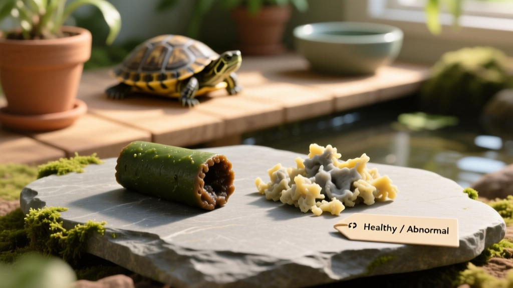 Side-by-side comparison of a healthy turtle feces sample and an abnormal one, showing color, consistency, and size differences
