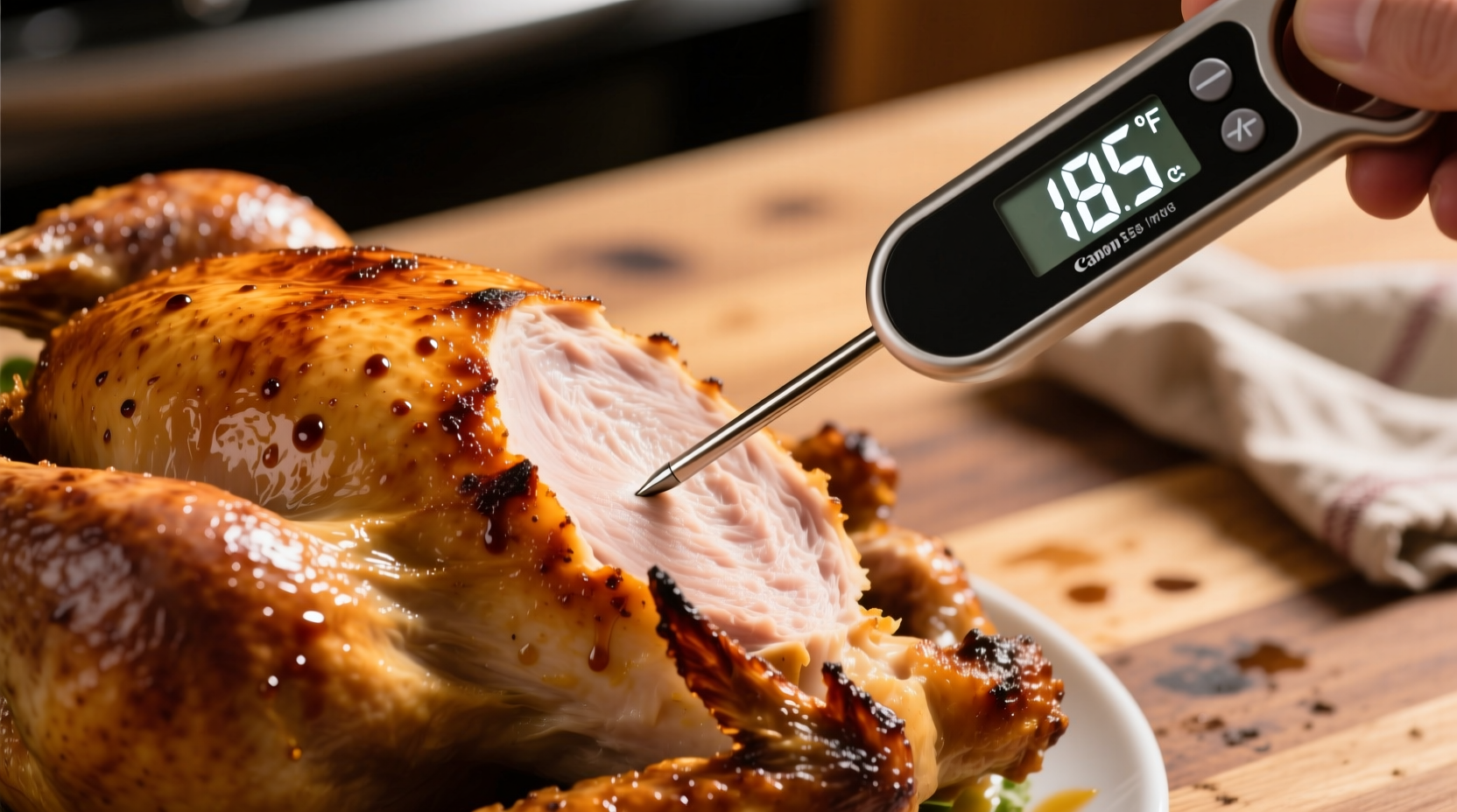 Thermometer checking turkey temperature