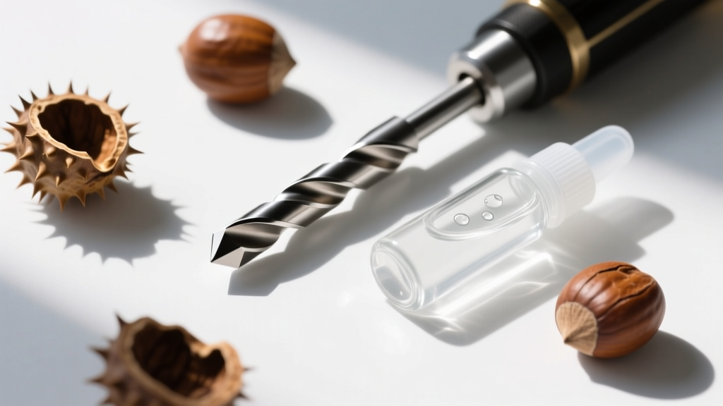 Overhead flat lay of jewelry tools including a 3/32 inch brad-point drill bit, clear polyurethane sealant, and dried buckeye nuts