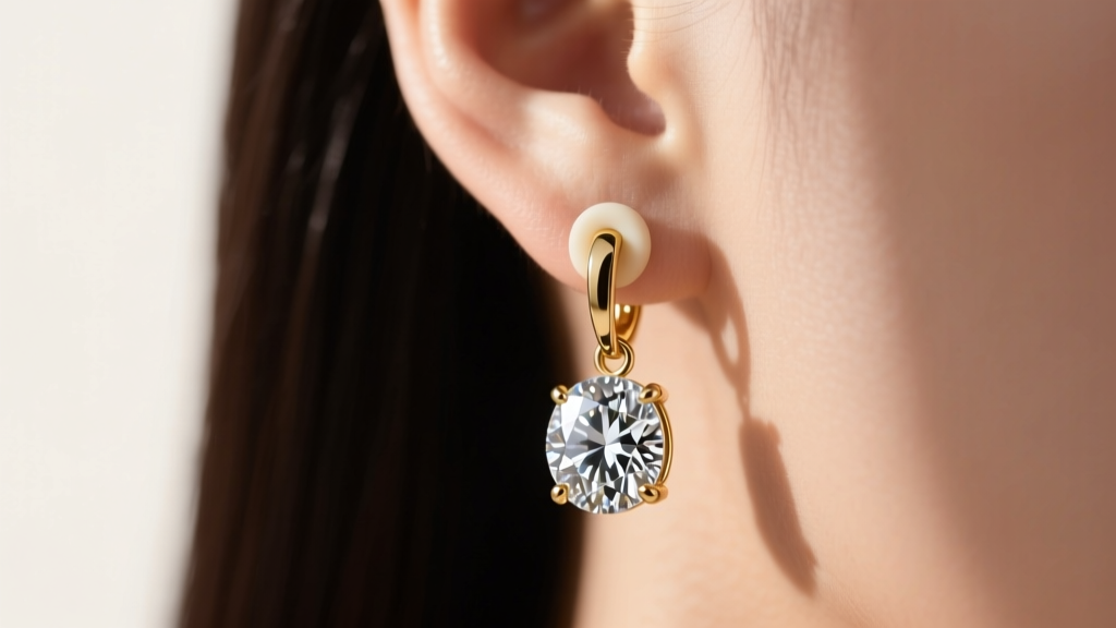 Side profile of a heavy diamond drop earring secured on an earlobe with a jumbo silicone friction back and supportive ear jacket