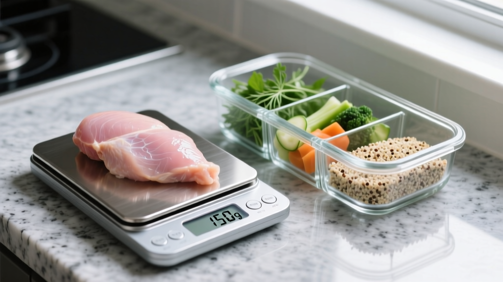 Close-up of digital food scale weighing 150g raw chicken breast next to compartmentalized glass meal prep container on granite counter