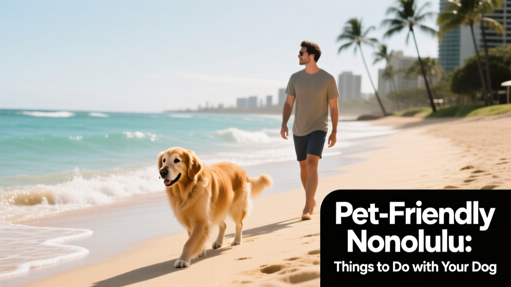 A person walking a golden retriever along a sunlit, sandy beach with gentle waves and palm trees in the background