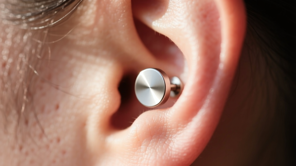 Close-up of an ear lobe with a matte skin-tone titanium flat-back stud blending seamlessly into the skin under natural daylight.