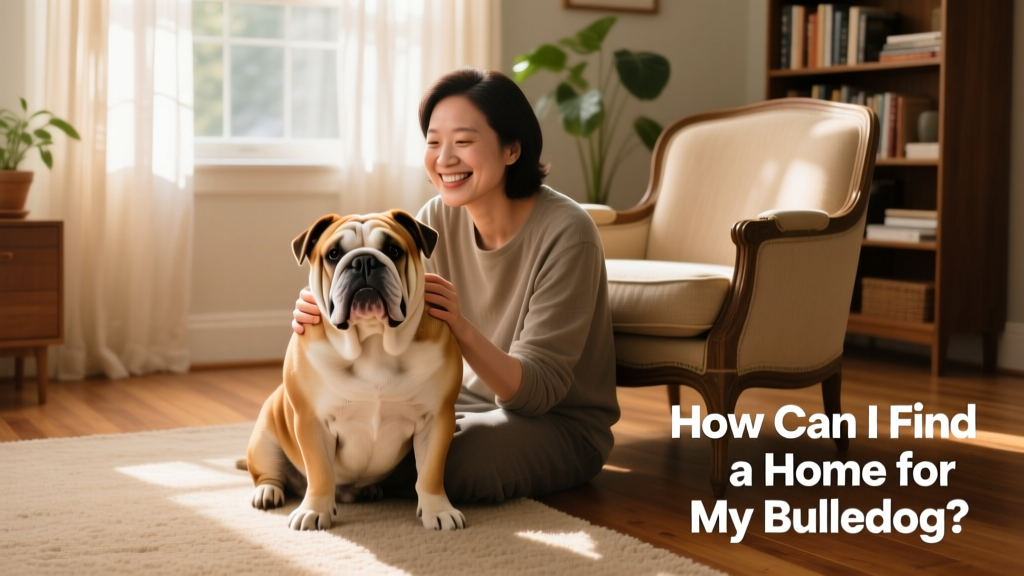 A calm, affectionate bulldog sitting beside a smiling adult in a sunlit living room