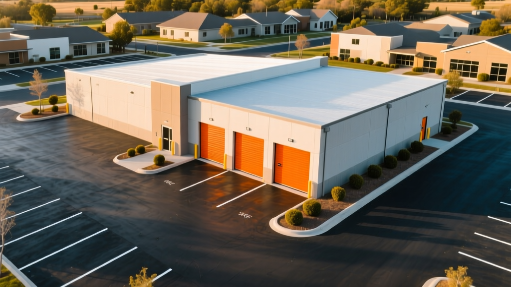 Aerial view of a new single-story self storage facility with bright orange roll-up doors and fresh asphalt in a suburban commercial zone