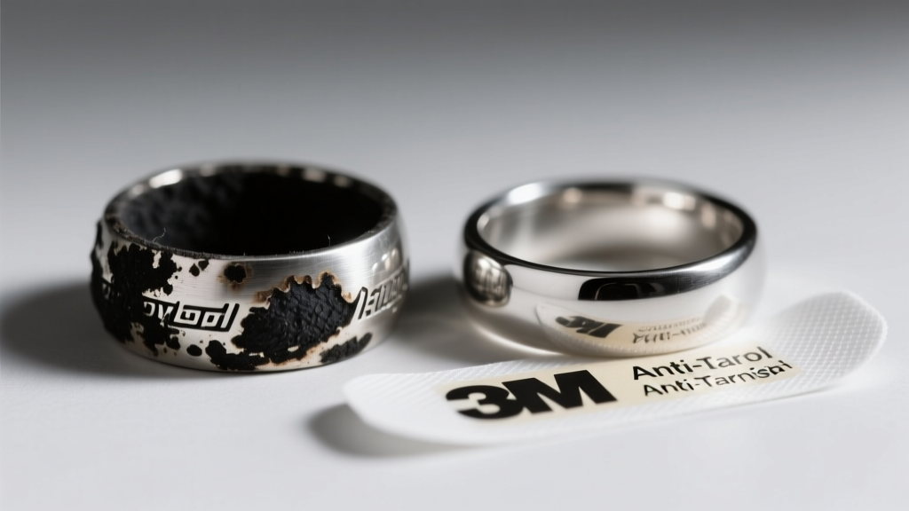 Sterling silver rings showing heavy black sulfide tarnish from acidic felt storage placed next to a fresh 3M anti-tarnish strip.