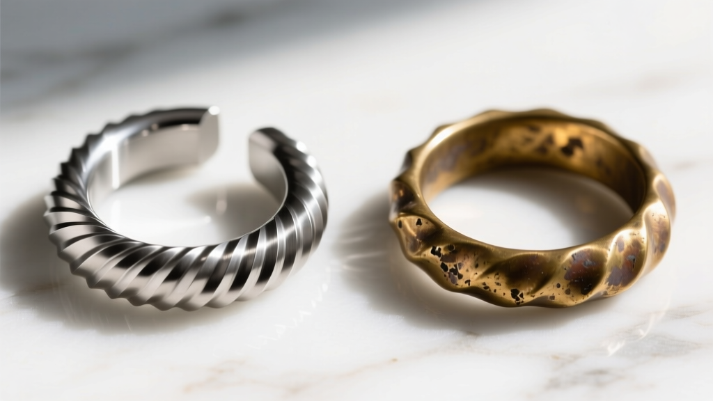 Side-by-side comparison of pristine CNC-milled titanium ribbed hoop and worn stamped brass hoop with flattened ridges on marble