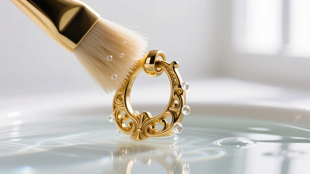 Soft-bristled brush gently scrubbing intricate crevices of a gold-plated doorknocker earring submerged in mild soapy water.