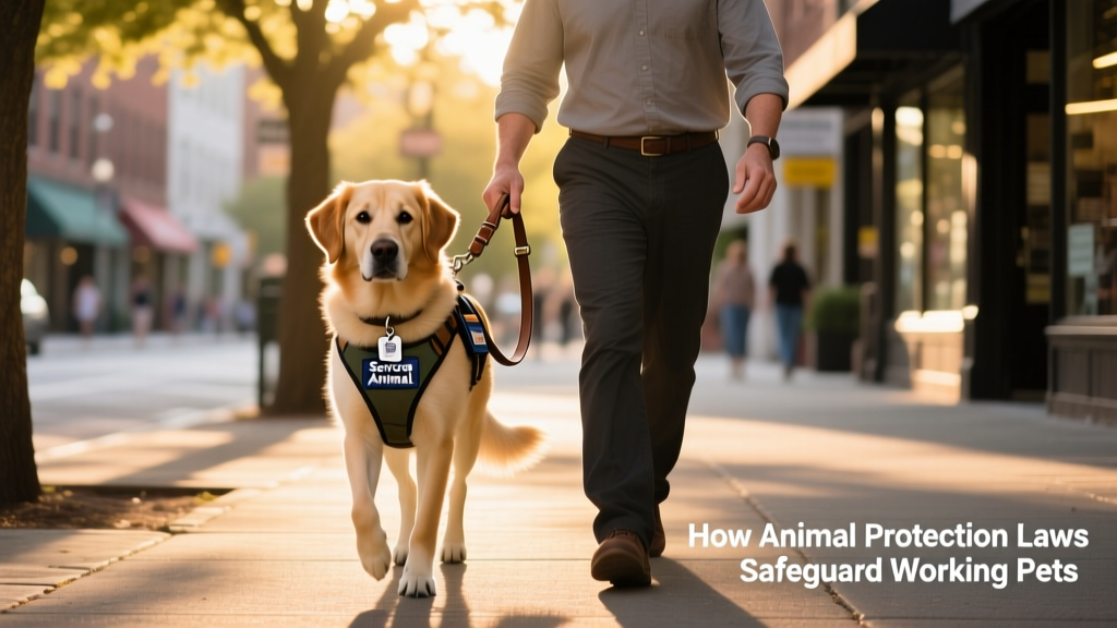A calm, confident service dog assisting its handler on a city sidewalk