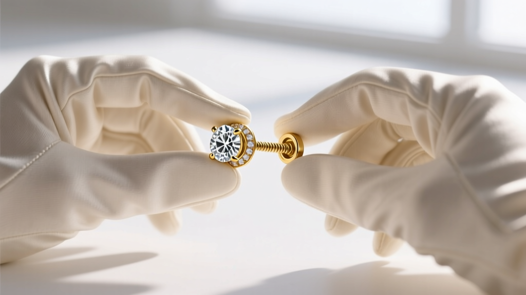 Gloved hands gently holding an 18k gold diamond stud earring, preparing to carefully unscrew the delicate threaded metal backing.