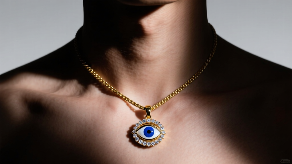 Close-up of a male neck wearing a gold rope chain with a lapis lazuli and diamond evil eye pendant in moody studio lighting