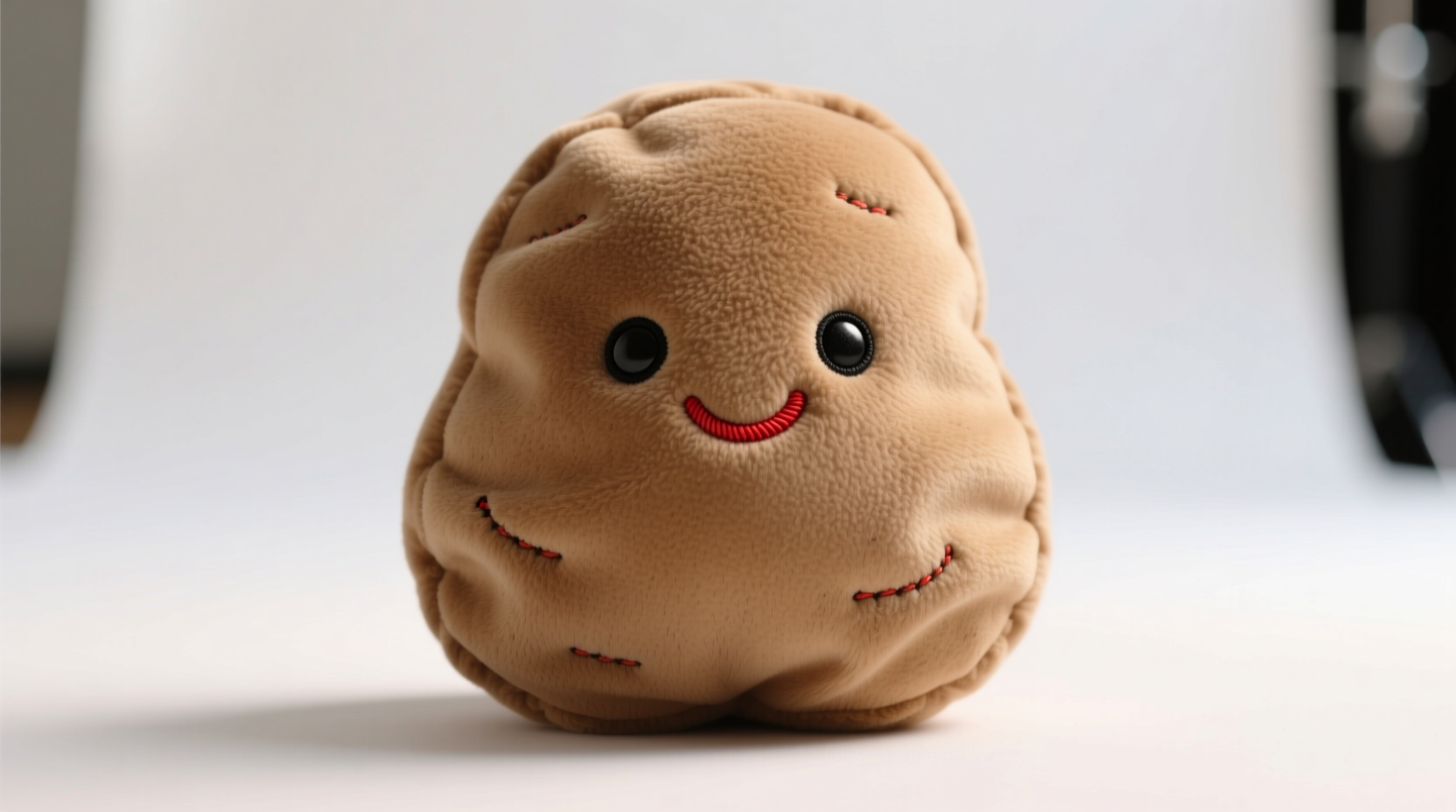 Brown potato plush toy with simple embroidered features