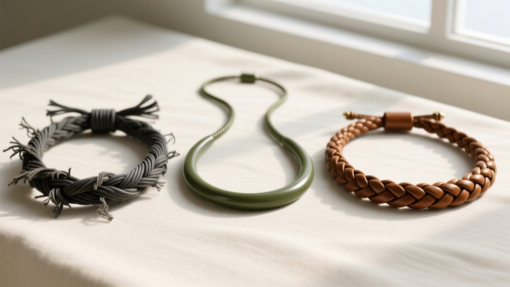 Flat lay of three woven necklace cords showing frayed cheap nylon, smooth waxed cotton, and premium braided leather