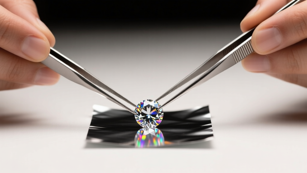Jeweler using tweezers to place delicate silver foil backing behind a raw uncut polki diamond to enhance its brilliance and color