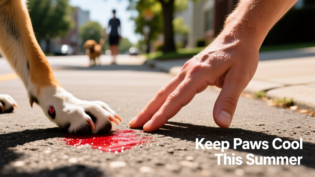 Close-up of a dog’s paw pads on hot pavement, with a hand testing surface temperature