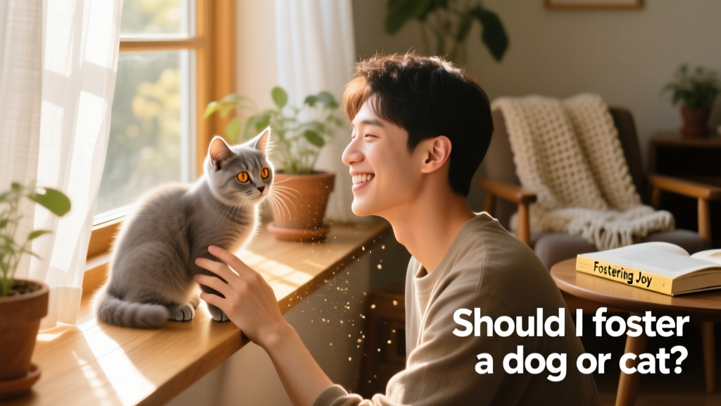 A smiling person gently petting a calm, curious kitten on a sunlit windowsill