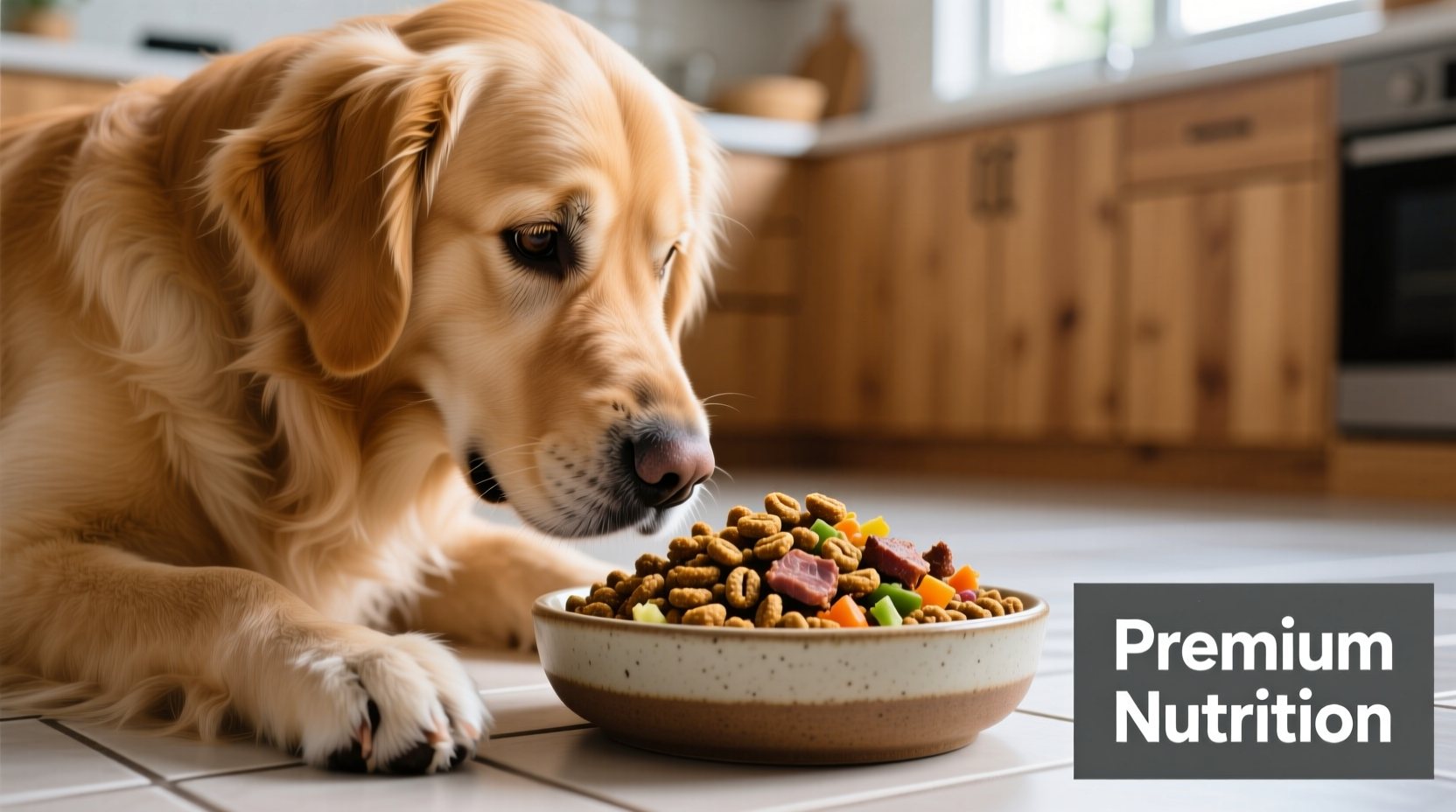 Dog examining quality dry dog food in bowl