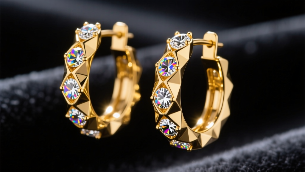 Macro view of 18k yellow gold diamond cut hoop earrings reflecting sunlight against a dark charcoal velvet backdrop in a studio