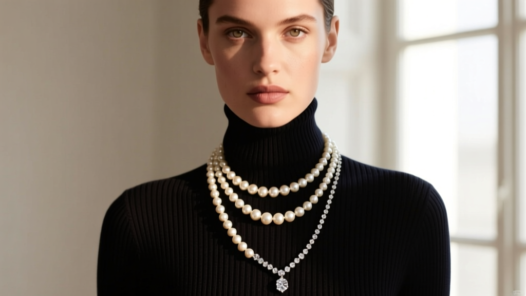 Model wearing layered pearl necklaces connected by an asymmetrical diamond-station extender over a dark ribbed turtleneck sweater.