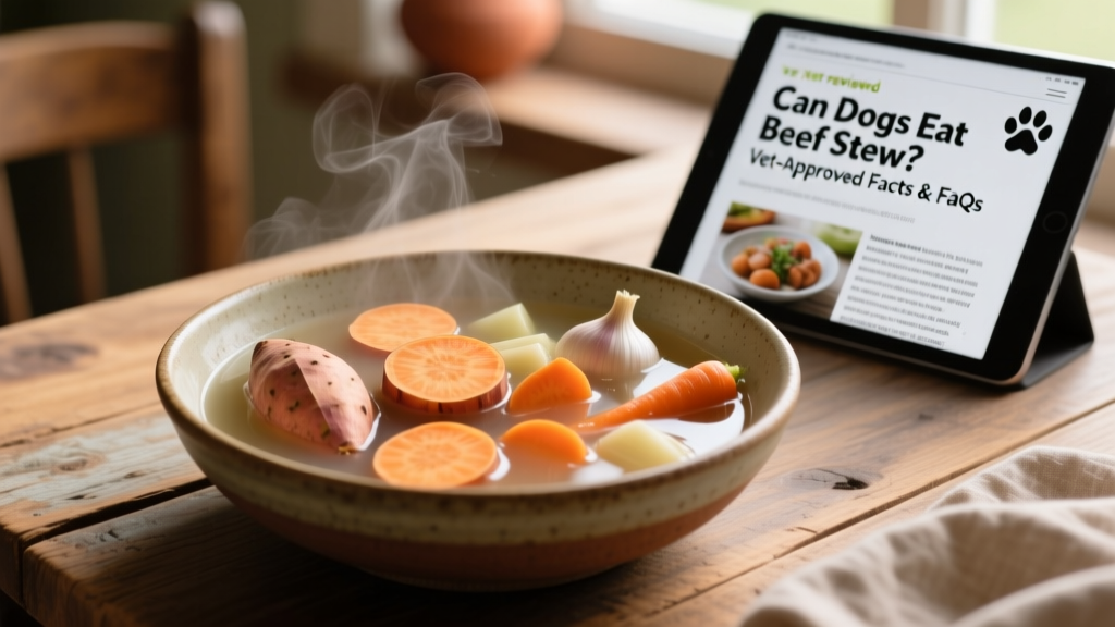 Sliced sweet potatoes and carrots simmering gently in a clear, low-sodium broth—no onions or garlic visible