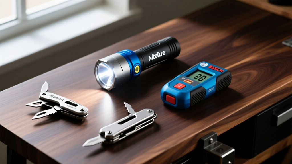 Flat lay of budget EDC gear including a Nitecore headlamp, Gerber multi-tool, and Bosch laser measure on a dark walnut workbench.
