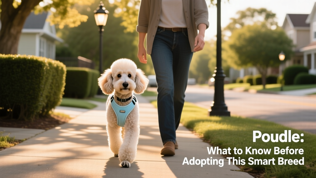 A well-groomed Miniature Poodle wearing a lightweight harness, walking calmly beside its owner on a sunny neighborhood sidewalk